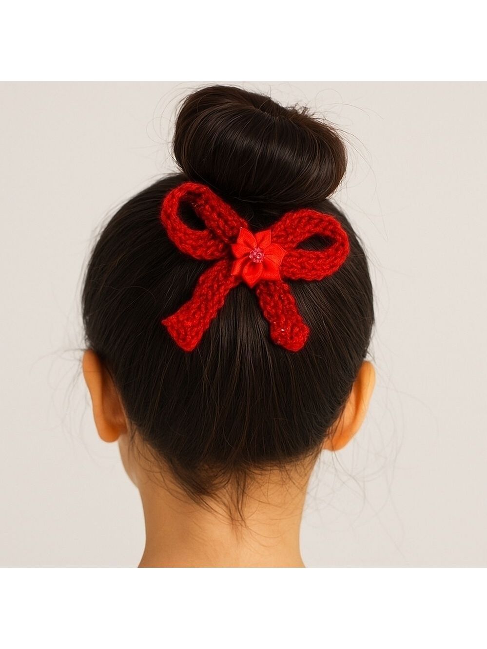 Hand Crafted hand knit crochet red bow  siver metallic barrette hair clip boho